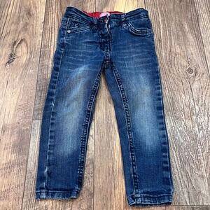Minoti‎ Girls Blue Denim Jeans Medium Wash Red Contrast Stitching Size 2-3 Years